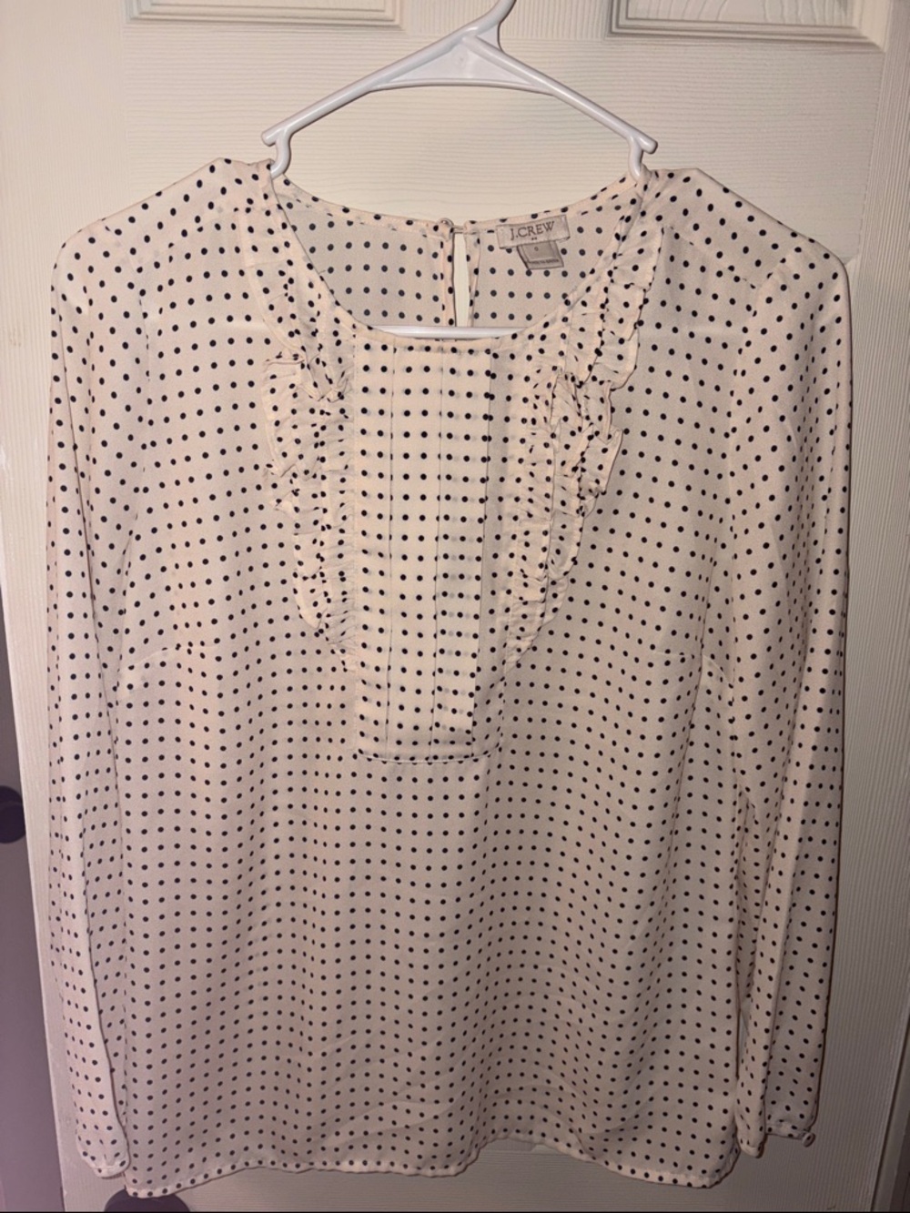 J. Crew Cream Blouse with Black Polka Dots and Ruffle Placket